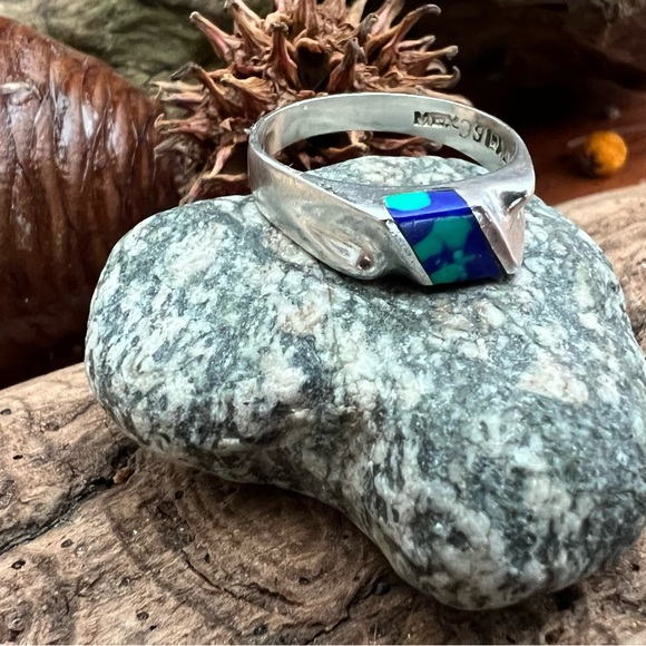 Taxco Mexico Sterling Silver Ring TM-166 Azurite Turquoise Lapis Lazuli Signet - Picture 1 of 9